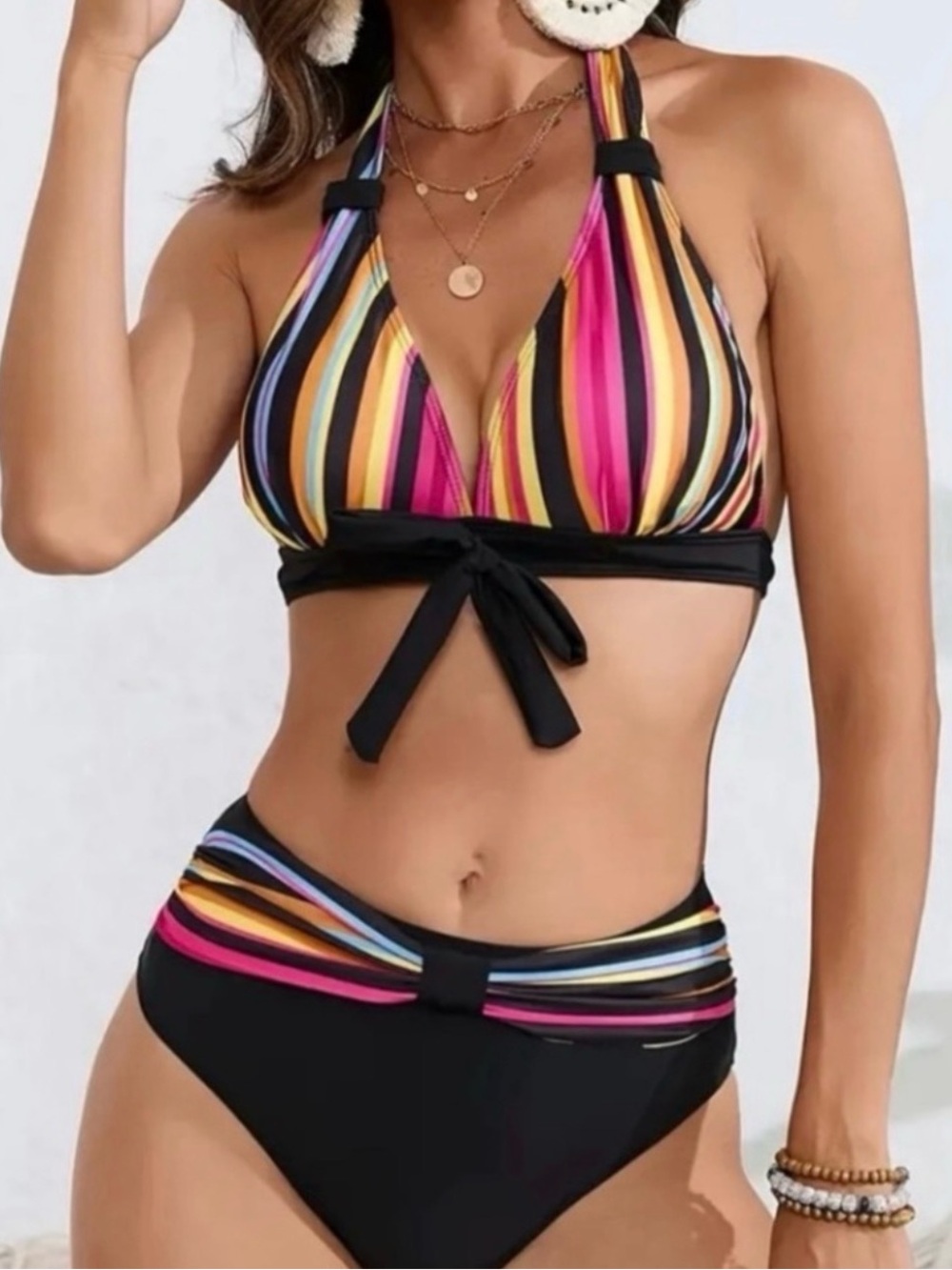 Striped Halter High-Waist Bikini - Black with Multicolor Stripes
